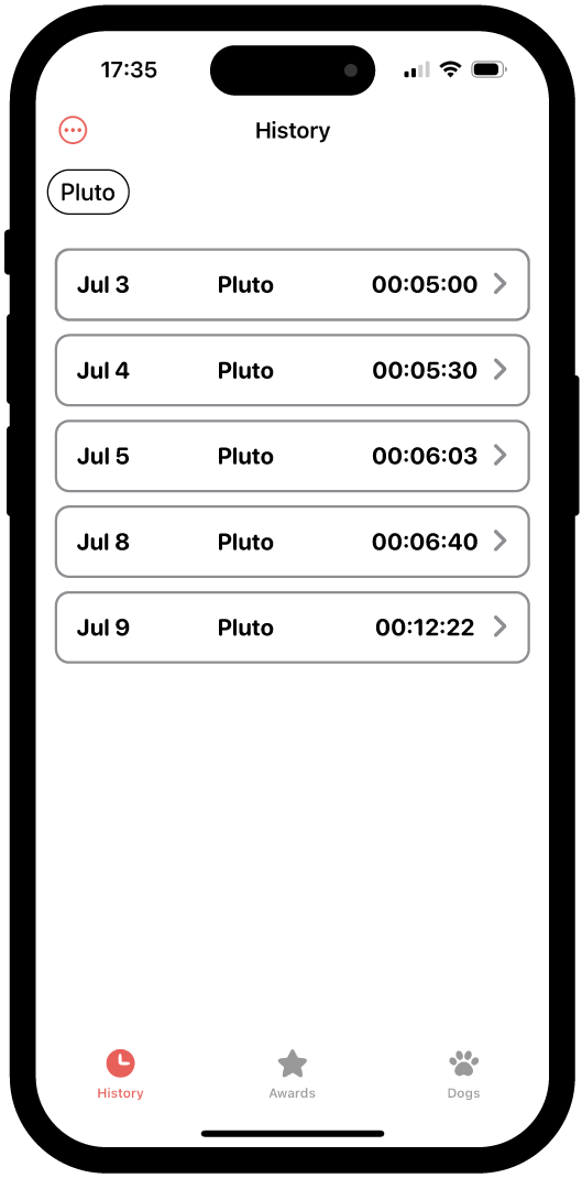 Image showcasing the History view of the Calm My Dog app, displaying a record of training exercises and sessions, providing a log to track progress and ensure you never forget when the last session was.