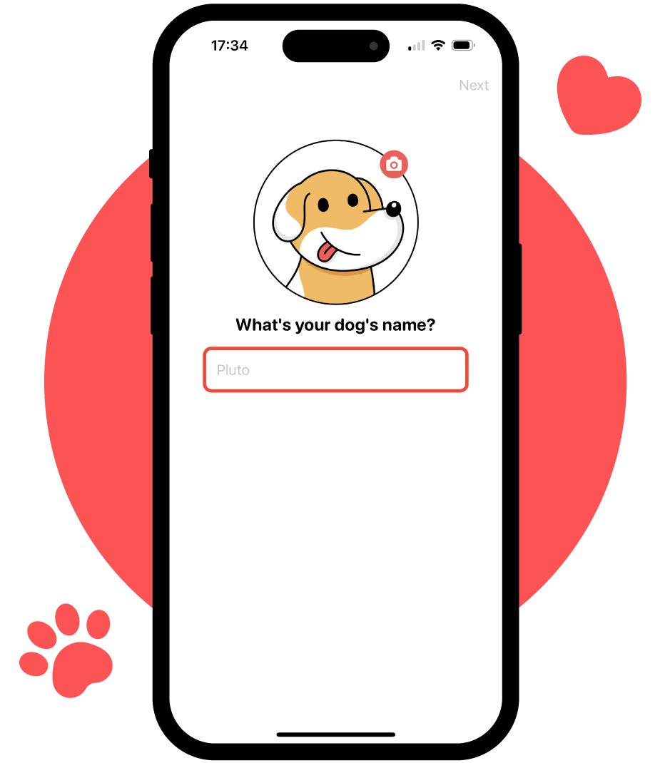 Image displaying the initial setup process of the Calm My Dog app, featuring a prompt that asks the user, 'What's your dog's name?', as the first step in creating their dog's profile.